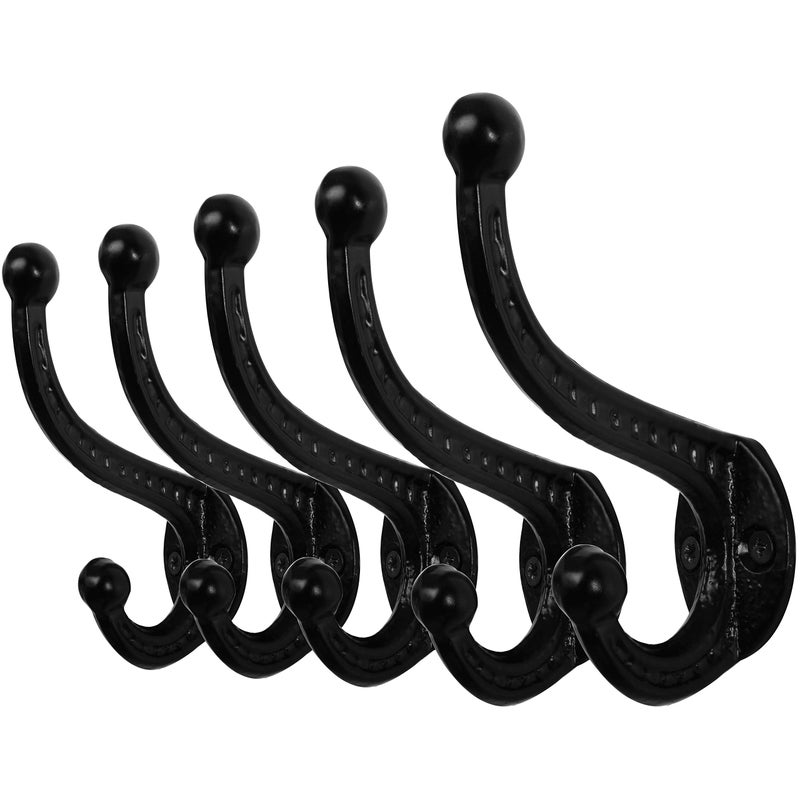WEBI Rustic Coat Hooks:5 Cast Iron Hooks for Hanging,Heavy Duty Antique Vintage Wall Hooks for Towel,Robe,Farmhouse,Mudroom,Closet,Black - Image 1